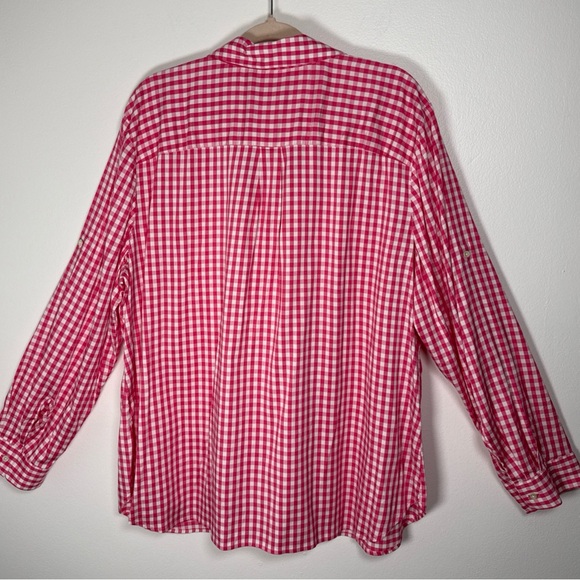 Talbots Woman Pink Gingham Partial Button Down Top Plus Size 3X Pockets Preppy - Picture 3 of 9